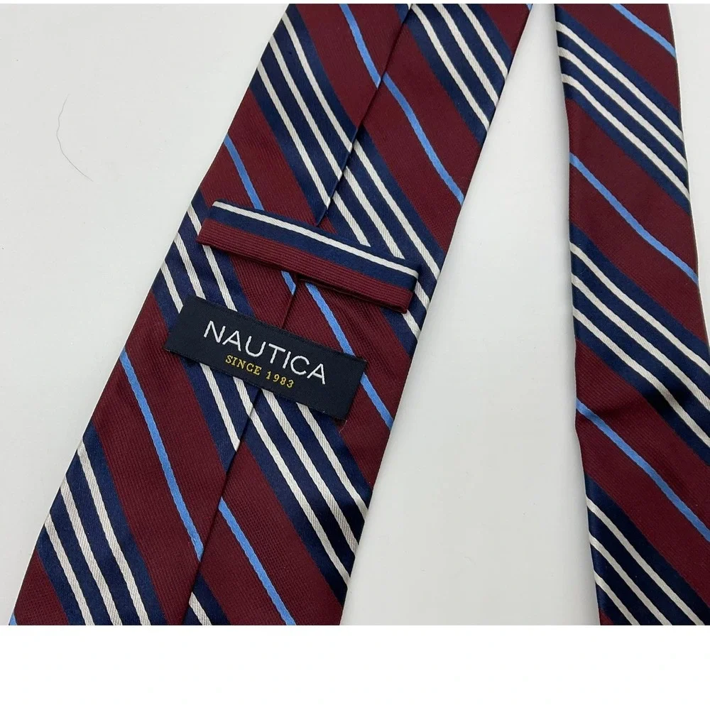Nautica Silk Necktie Mens Burgundy Navy Striped Classic Business Accessory